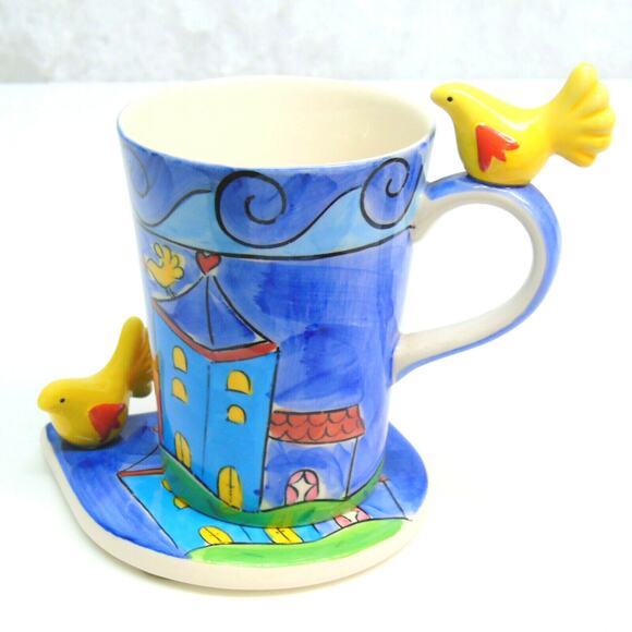 Herman Dodge & Son Coffee Mug Saucer Set Yellow Bird Tea Cup Coaster Plate Blue - Picture 8 of 8